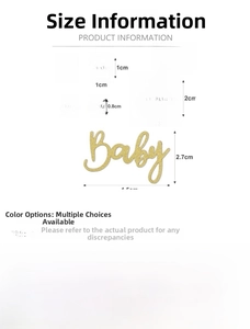 Detailed size guide of baby shower confetti featuring hearts, rainbows and baby text shapes