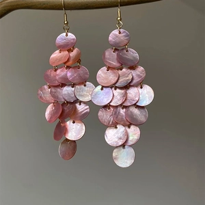 Bohemian Pink Shell Tiered Dangle Earrings Long Tassel Mother Of Artificial Pearl Effect With 925 Sterling Silver Earring Post