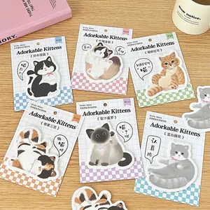 Cute cat-shaped sticky note set with diverse breeds on a warm stationery desktop