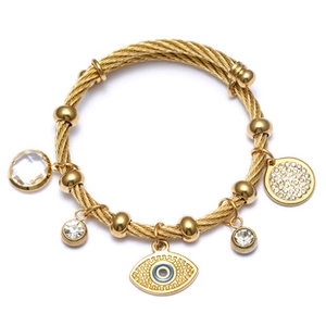 Detail of 18K gold stainless steel twisted chain bracelet with evil eye and crystal charms