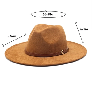 Detail view of brown faux suede cowboy hat with 56-58cm size and golden buckle
