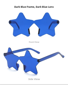 Front and side view of frameless star shaped sunglasses in dark blue translucent finish