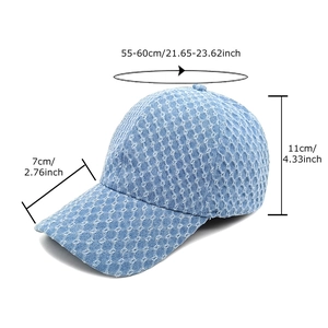 Light blue denim baseball cap with size specs 55-60cm circumference and 7cm brim