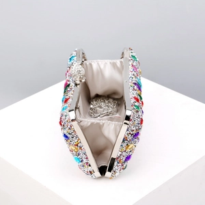 Colorful rhinestone evening clutch bag with silver metal frame and chain strap