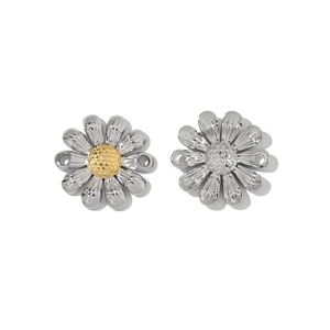 Detailed view of 3D daisy flower pendants in two-tone stainless steel with petals
