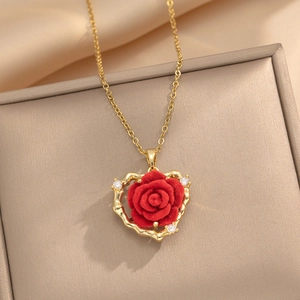 Gold-plated long necklace with heart-shaped pendant featuring a red rose and crystals