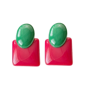 Retro geometric earrings with green oval and red square resin studs on white background