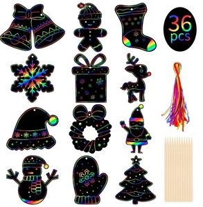 Lot de 36 ornements de Noël en papier à gratter arc-en-ciel avec rubans et stylets bois