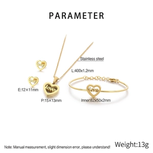 Detailed set of gold stainless steel heart jewelry with hollow Love lettering accents