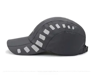 Side view of dark grey quick-dry mesh baseball cap with breathable side vents