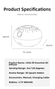 Detailed technical specifications and dimensions of the white waterless oil diffuser