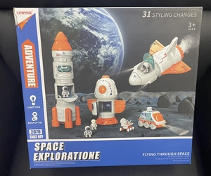 Space exploration toy set packaging showing multi-functional rocket and spaceship models