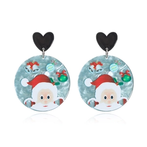Christmas earrings with Santa Claus and bells pattern on acrylic glitter round drops
