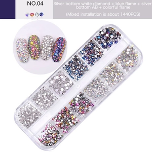Detail of 12-grid storage box with mixed AB crystals and blue flame nail art rhinestones