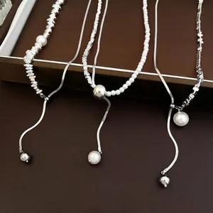 French Splicing Artificial Pearl Pendant Necklace Elegant Alloy Geometric Block Tassel Y-Shape Adjustable Chain Jewelry Women