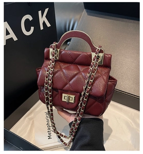 Detail of burgundy quilted leather mini bag featuring gold metal handle and chain strap