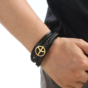 Men's black braided leather bracelet with golden peace sign charm and magnetic clasp