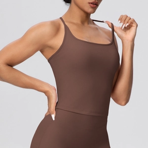 Close-up of brown double spaghetti straps and stretchy fabric texture of yoga vest