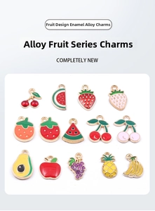 Detailed grid of colorful fruit charms including strawberry and apple alloy pendants