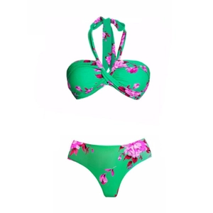 Green bikini set with floral print featuring a twist front top and mid-waist bottom