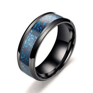 Polished black stainless steel ring for men with blue carbon fiber inlay and dragon pattern