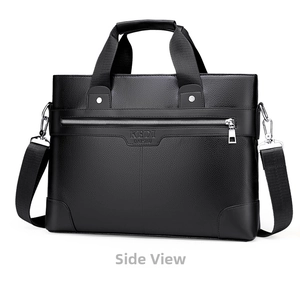 Detail view of black lychee grain leather briefcase with metal zipper and logo