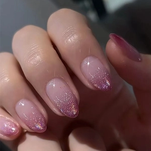 Purple Pink Gradient Press On Nails Glitter French Style Short Almond Fake Nails For Women Daily Wear