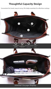 Detail view of large brown crocodile pattern tote bag interior storage and compartments
