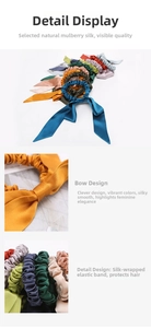 Close-up of silk bow scrunchies showing natural mulberry silk texture and vibrant colors