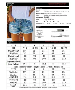 Guide des tailles détaillé pour short en jean bleu taille haute, mesures de S à 2XL