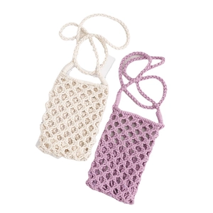 Handmade macrame knitted crossbody phone bag in cream and purple with mesh pattern