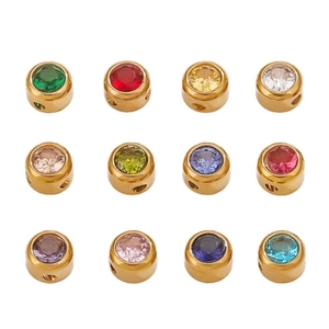 Polished stainless steel round spacer beads with colorful zircon inlay for DIY jewelry