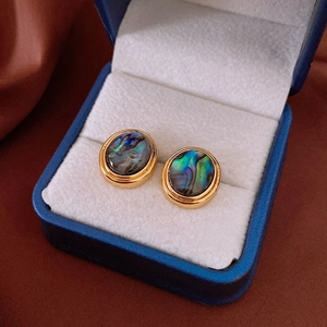 Detailed close-up of oval abalone shell earrings with 18K gold plated metal frame