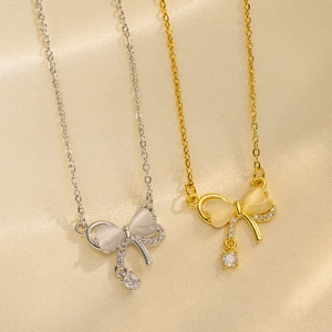 Bowknot Pendant Necklace Stainless Steel With Cat Eye Stone And Zircon Simple Elegant Clavicle Chain For Women