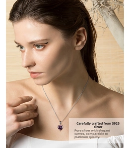 Detailed view of S925 sterling silver heart necklace with purple gemstone on model