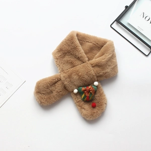 Close-up of khaki plush faux rabbit fur scarf with festive Christmas gift box charm