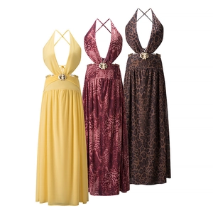 Sexy deep V-neck halter maxi dress with cutout details and metal flower buckle decoration