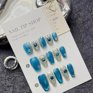 Blue Cat Eye Press On Nails Handmade Luxury Sapphire Rhinestone Relief Texture Metallic Decor Reusable Nail Tips Women