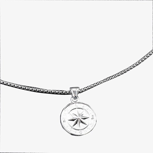 Men's stainless steel compass pendant necklace with box chain in silver finish