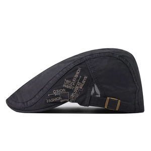 Classic cotton flat cap in dark grey featuring side motivational embroidery and metal buckle