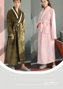 Detail of soft flannel couple robes with contrast piping and large side pockets