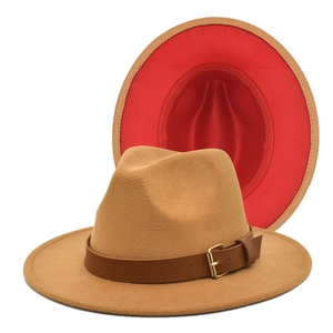 Two-tone wool fedora hat in camel and red with leather band and gold buckle