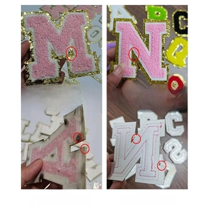 Detailed comparison of pink chenille letter patches with gold glitter edges and adhesive backing