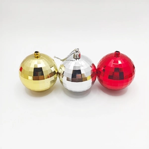 Set of three electroplated disco style Christmas baubles in gold silver and red finishes