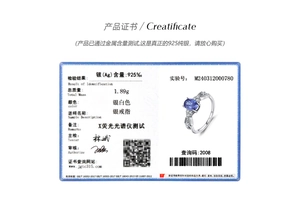 Quality certificate for s925 silver ring featuring Tanzanite blue stone details