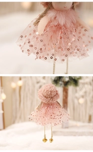 Close-up of pink sequin dress detail and back view of angel Christmas tree ornament