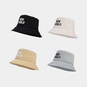 Detail of NEW WORLD letter embroidery on four colors of cotton bucket hats