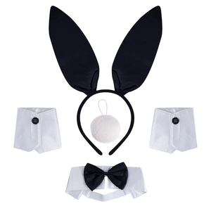 Five-piece bunny girl cosplay set with black rabbit ears headband and satin bowtie