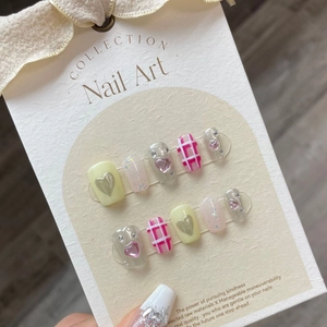 Handmade Press On Nails Short Square 3D Heart Star Rhinestones Cat Eye Glitter Matte Y2K Sweet Nail Art For Women