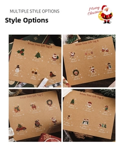 Detail of kraft paper Christmas stickers featuring Santa, snowman, and reindeer designs